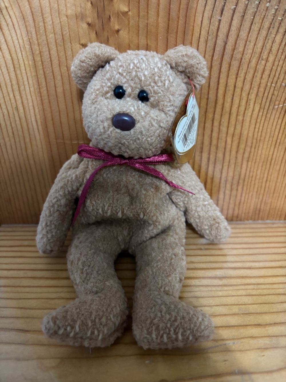 Ty “Curly” Brown Plush Teddy Bear with Burgundy Bow 1993/1996